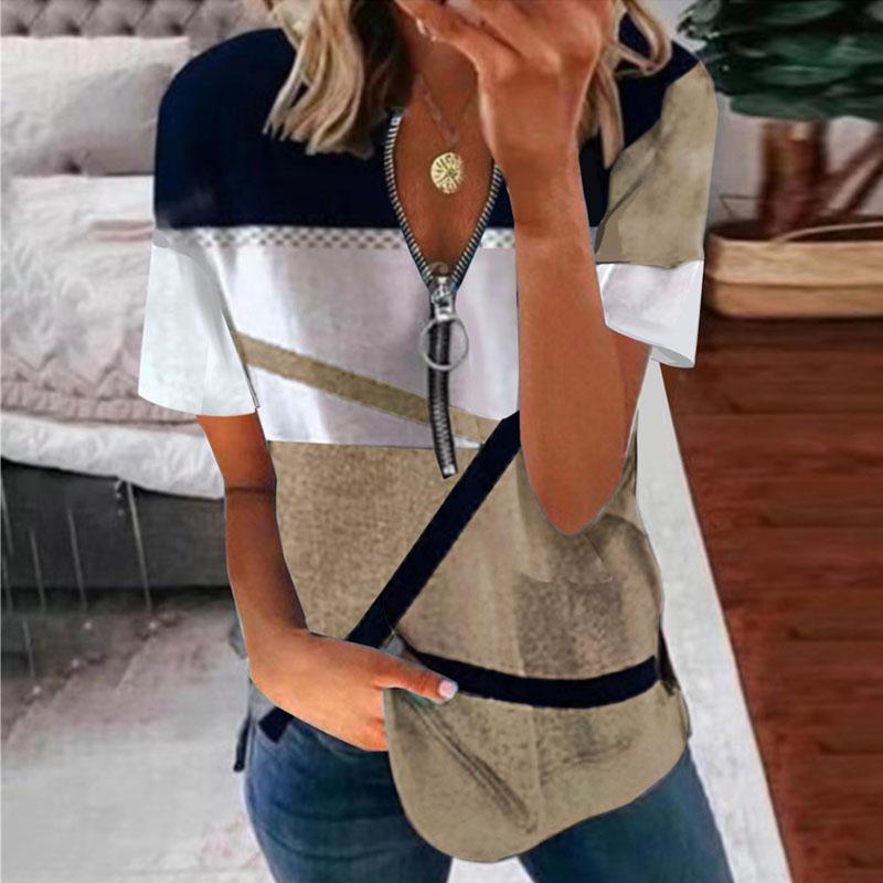 Женская летняя повседневная свободная футболка с коротким рукавом и V-образным вырезом на молнии с принтом