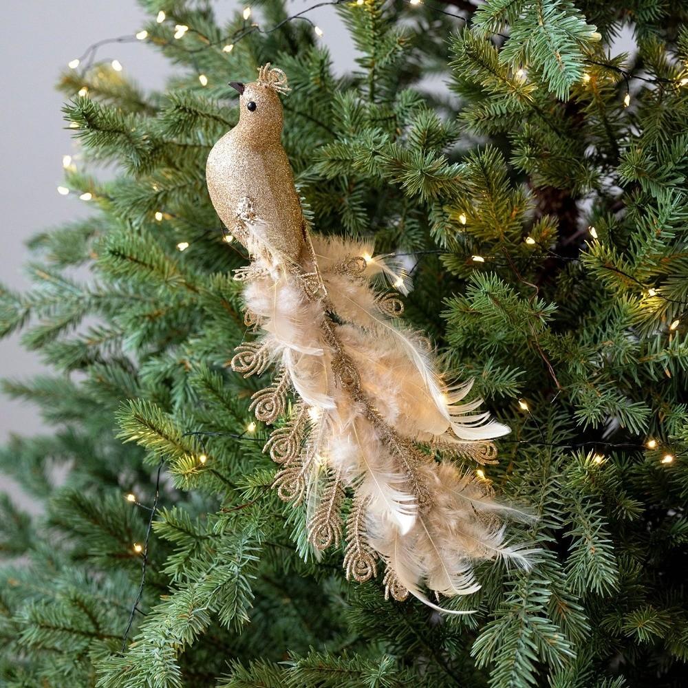 Glitter Christmas Peacock Ornaments Realistic Simulation Bird Faux Peacock Feather Handmade Feather Birds Decor Christmas Season