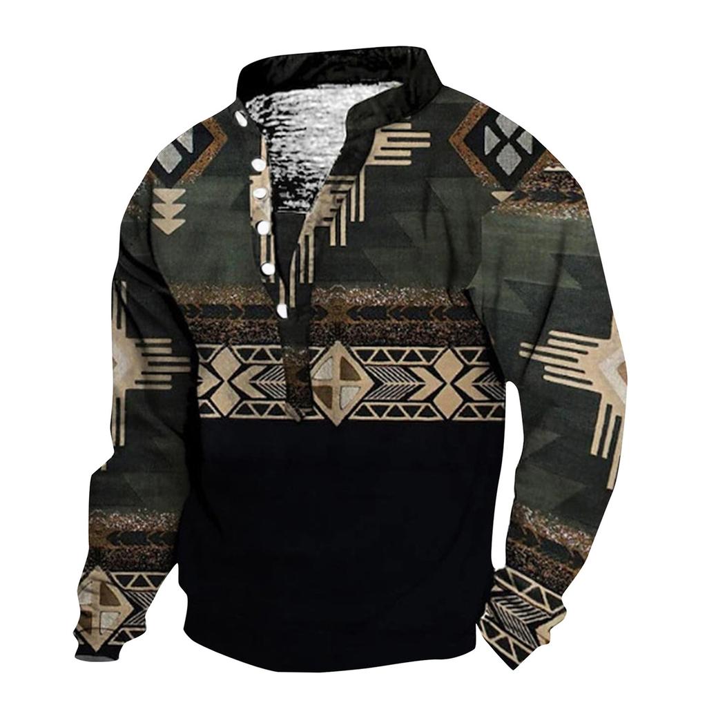 Мужской свитер с v-образным вырезом и воротником-стойкой с 3D цифровой печатью и винтажным воротником на 6 пуговицах