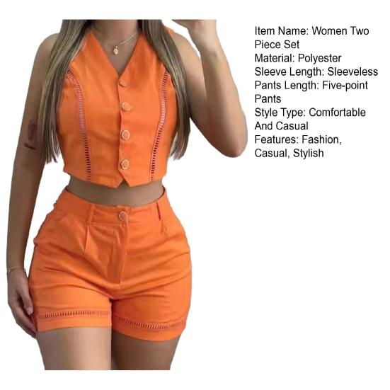 Женский комплект из двух предметов, без рукавов, комплект из жилета с V-образным вырезом на пуговицах и шорт с карманом, летний повседневный наряд