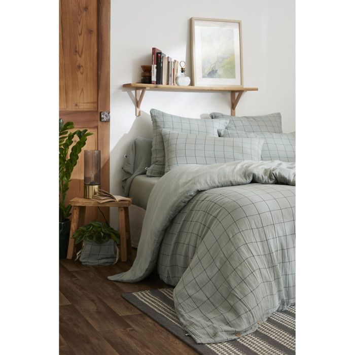 Housse de couette réversible "Gaïa Match" Tissé-teint grands carreaux toutes dimensions "Gaze de Coton" - 240x220 - Eucalyptus