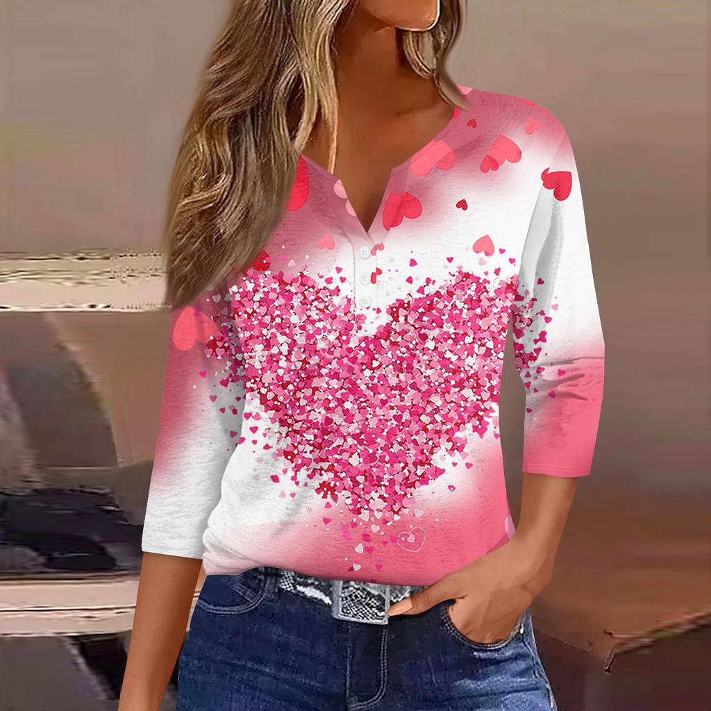 Жен. Футболка Футболка С принтом Пуговицы Рукав 3/4Ежедневно Выходные Мода Классический Топ с v-образным вырезом Обычный