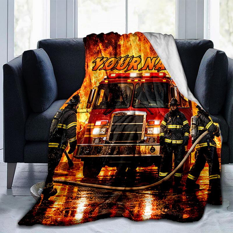 1PC Custom Name Firefighters Bravery Flames flannel blanket versatile,all-season throw suitable for the living room,bedroom,camping,travel,and gift