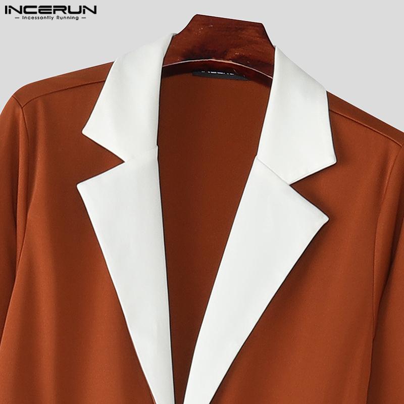 INCERUN Oversized Men Long Sleeve Stitching Slim Waist Casual Long Flare Rompers Jumpsuits