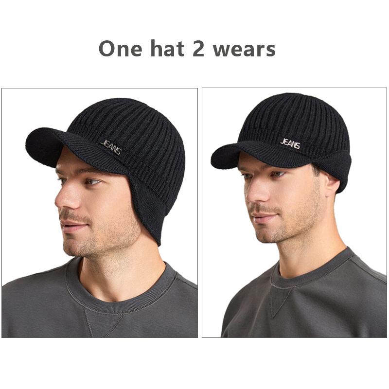Зимняя мужская вязаная бейсболка, повседневная шерстяная шапка с ушами, шапка-ушанка для отдыха, шапки-бини, однотонная вязаная теплая шапка для лыж