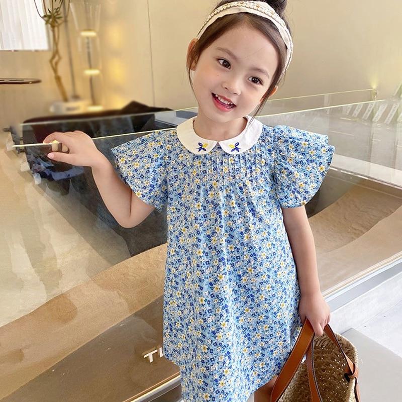 Летнее платье с цветочным принтом для маленьких девочек, милые платья с рукавами-лепестками и вышивкой, трапециевидные платья принцессы с воротником Питера Пэна, детская одежда, От 3 до 8 лет