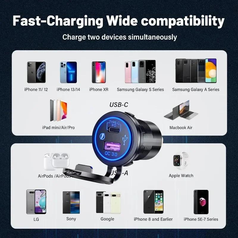 12 В быстрая зарядка 3.0 USB C автомобильное зарядное устройство водонепроницаемое QC3.0 PD быстрое зарядное устройство розетка электропитания для автомобиля мотоцикла лодки морского автобуса