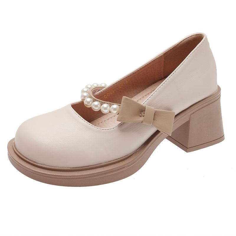 Туфли Мэри Джейн весна лето интернет-знаменитость белые высокие каблуки женские французский толстый каблук легкий вырез маленькие кожаные туфли одинарные туфли женские