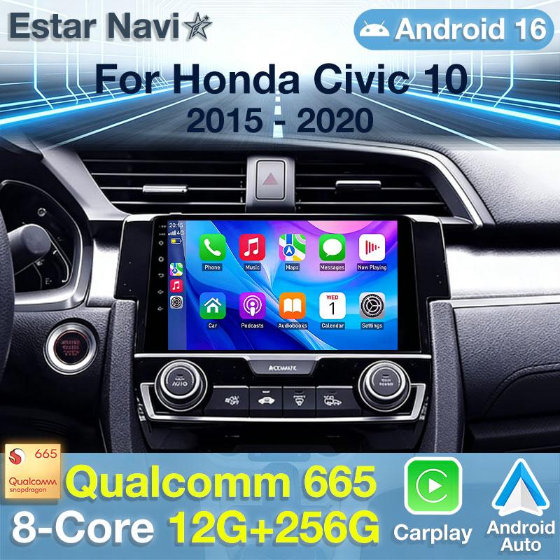 Autoradio Android 16 pour Honda Civic 10 FC FK 2015 - 2020, lecteur multimédia GPS, unité centrale Navi, Carplay sans fil, stéréo vidéo DSP