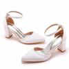 7cm Thick Heel Pointed Sandals for Spring Square Heels Light Mouth Women's Sandals White Satin Cloth Bridal High Heels Large Size