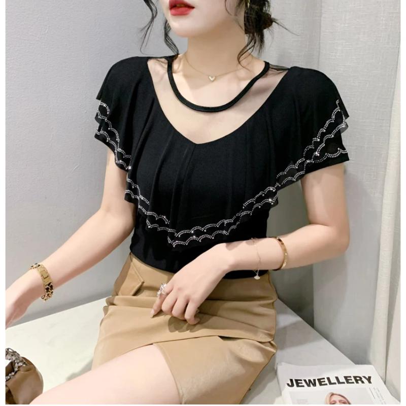 Новая Шикарная Летняя Элегантная Женская Футболка Одежда Сексуальная Роскошная Блестящая с Бриллиантами Топы с Короткими Рукавами Рюши Сетка Футболки Блузки