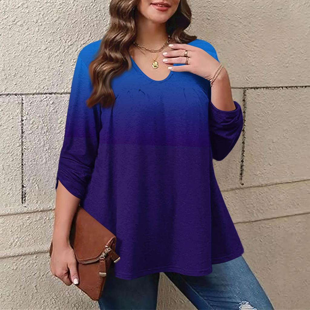 Women's Plus Size Fashion Printed Casual Pleated Round Neck Long Sleeve Top