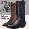 Men's Retro Distressed Western Boots Leather Cowboy Boots Embroidery Tall Boots Chunky Heel Pointed Toe Knight Boots Botas Masculinas