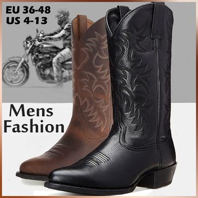 Мужские рваные ботинки в стиле вестерн в стиле ретро, ​​кожаные ковбойские сапоги, высокие сапоги с вышивкой, рыцарские сапоги на массивном каблуке с острым носком, Botas Masculinas
