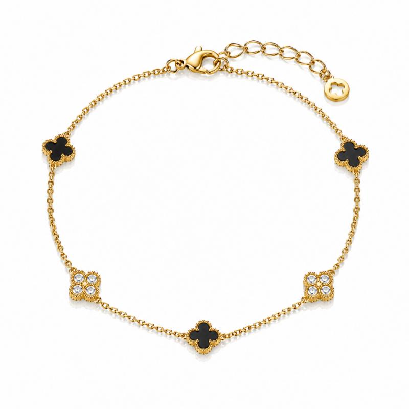14K Gold-Plated Surgical Steel Bracelet, Black Clover with Zircons Bst1633