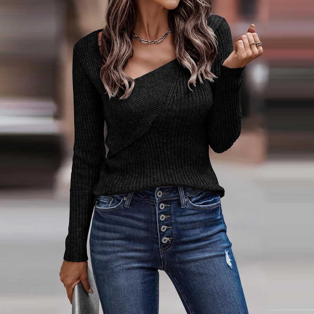 Women's Fashion  Winter Solid Color Long Sleeve Low Neck Irregular Sexy Sweater