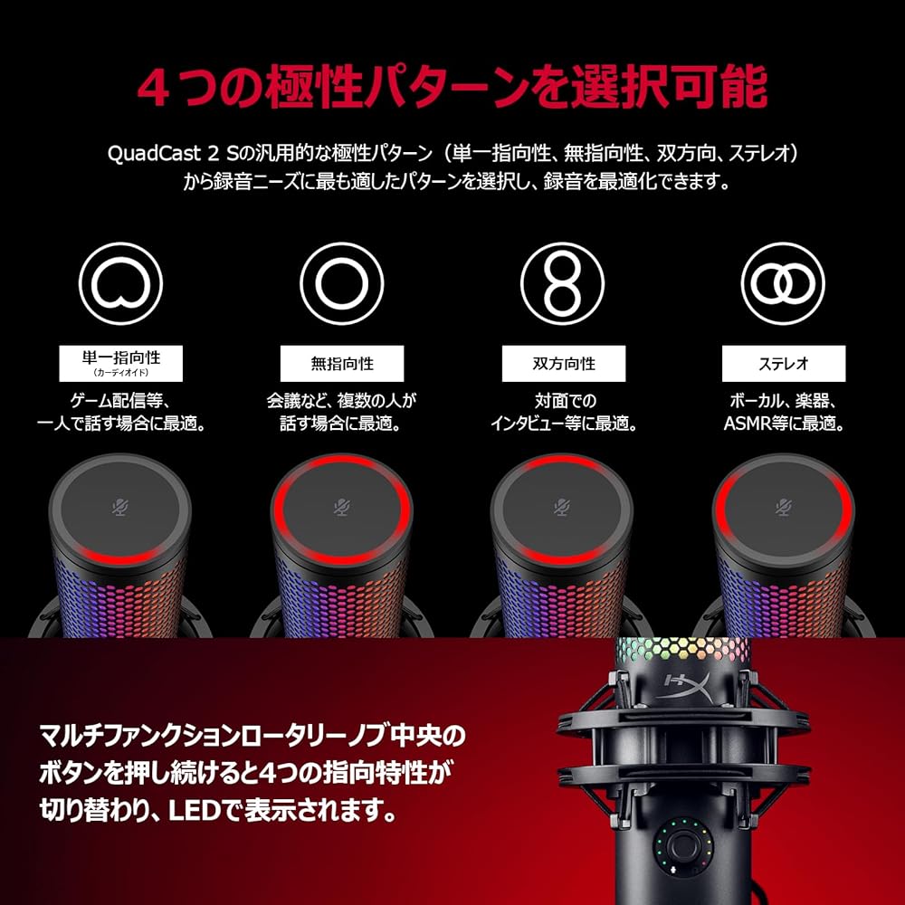 USB-конденсаторный микрофон HyperX QuadCast 2 с RGB-подсветкой, черный, для ПК, Mac, стримеров, создателей контента, геймеров