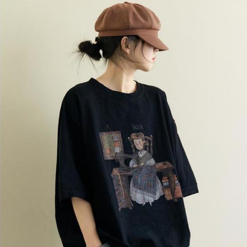 Summer T-shirt Cotton Loose Short-sleeved Retro Large Yards T-shirt Design Sense Niche Literary Print Tops