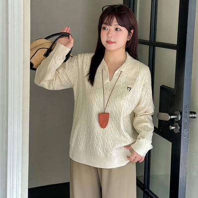 Большие размеры Женская рубашка поло Вышитые топы Осень и зима Повседневный свободный трикотажный женский свитер