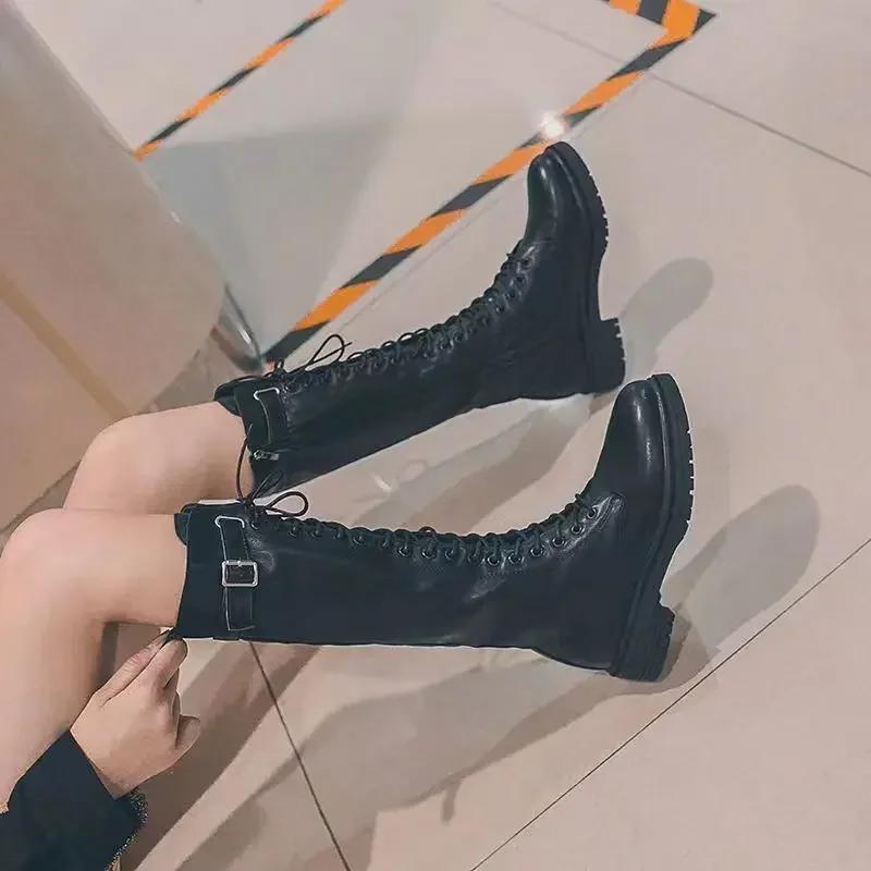 Women's Long Boots Middle Heel Ladies Knee High Shaft Shoes Black Round Toe Sale Pu Footwear Comfortable and Elegant On Offer 39