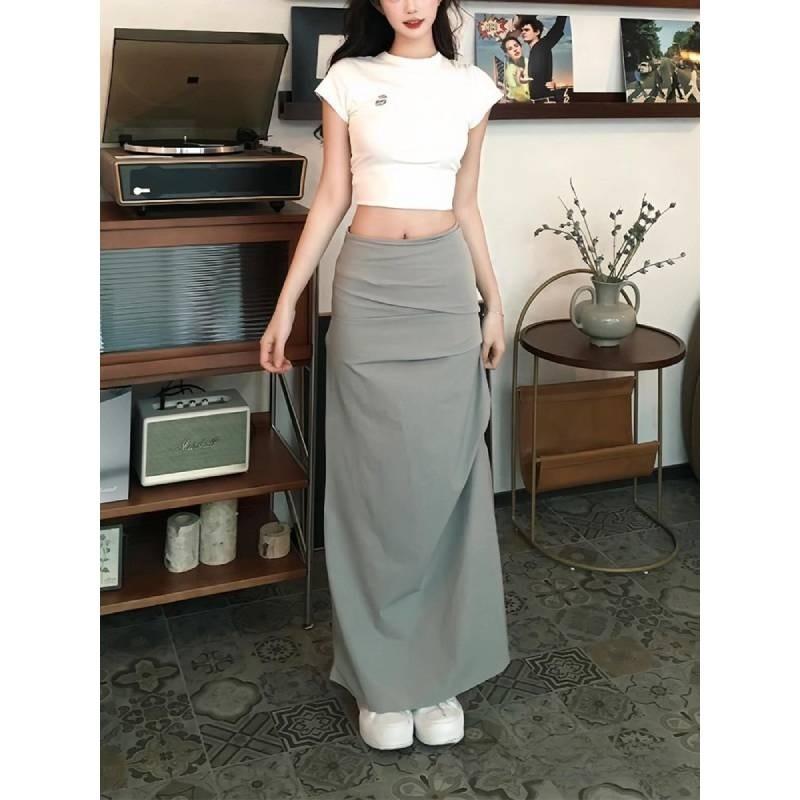 Cotton Blend Asymmetric Midi Skirt With Pleats For Elegant Ladies Spring Summer Wear