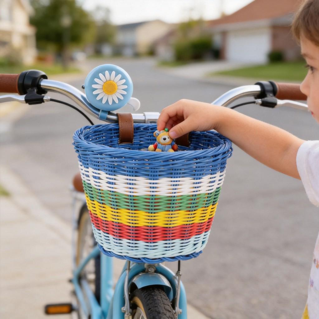 Childrens Bicycle Basket With Vintage Woven Design And Bell For Kids Cycling Adventures