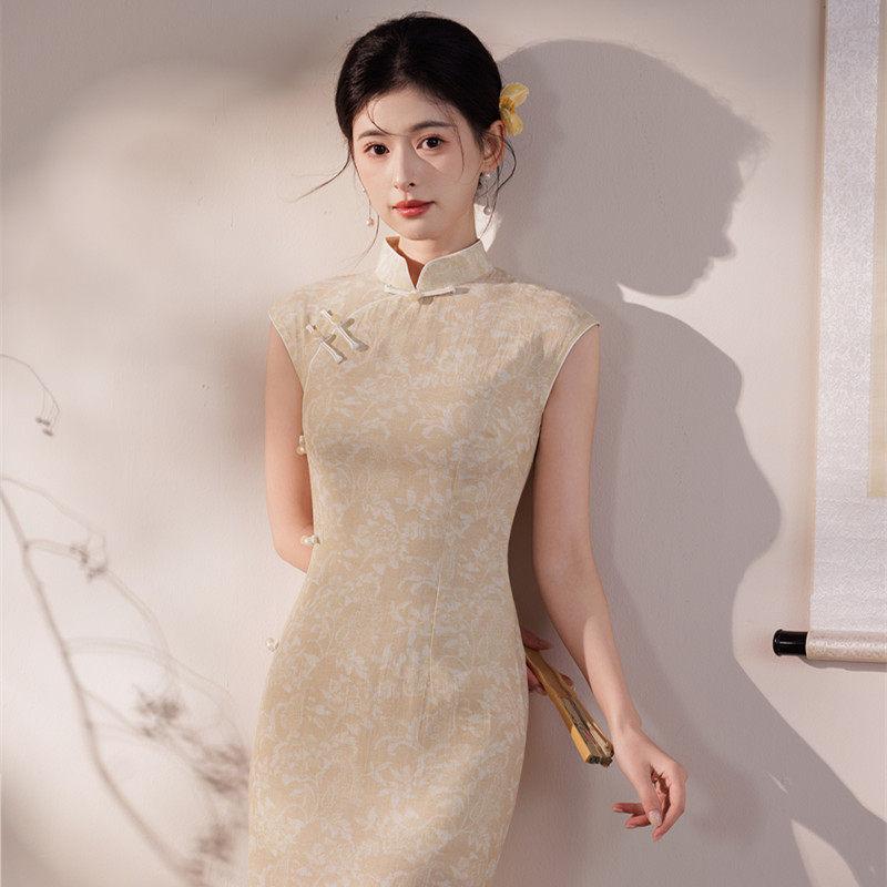 Champagne sleeveless new Chinese improved cheongsam 1011 new summer stand-up collar long high-end temperament dress