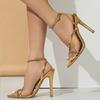 Cross Strips Gold Sandals Women High Heels Pumps Stiletto Pointed Toe Pu Leather Slingback Designer Dress Party Prom Shoes