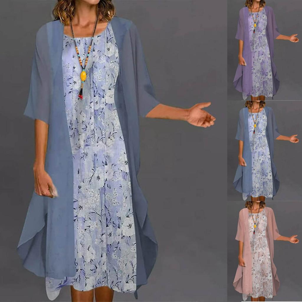 Women's Casual Fashion Print Round Neck Medium Long Length Two Piece Set Dress