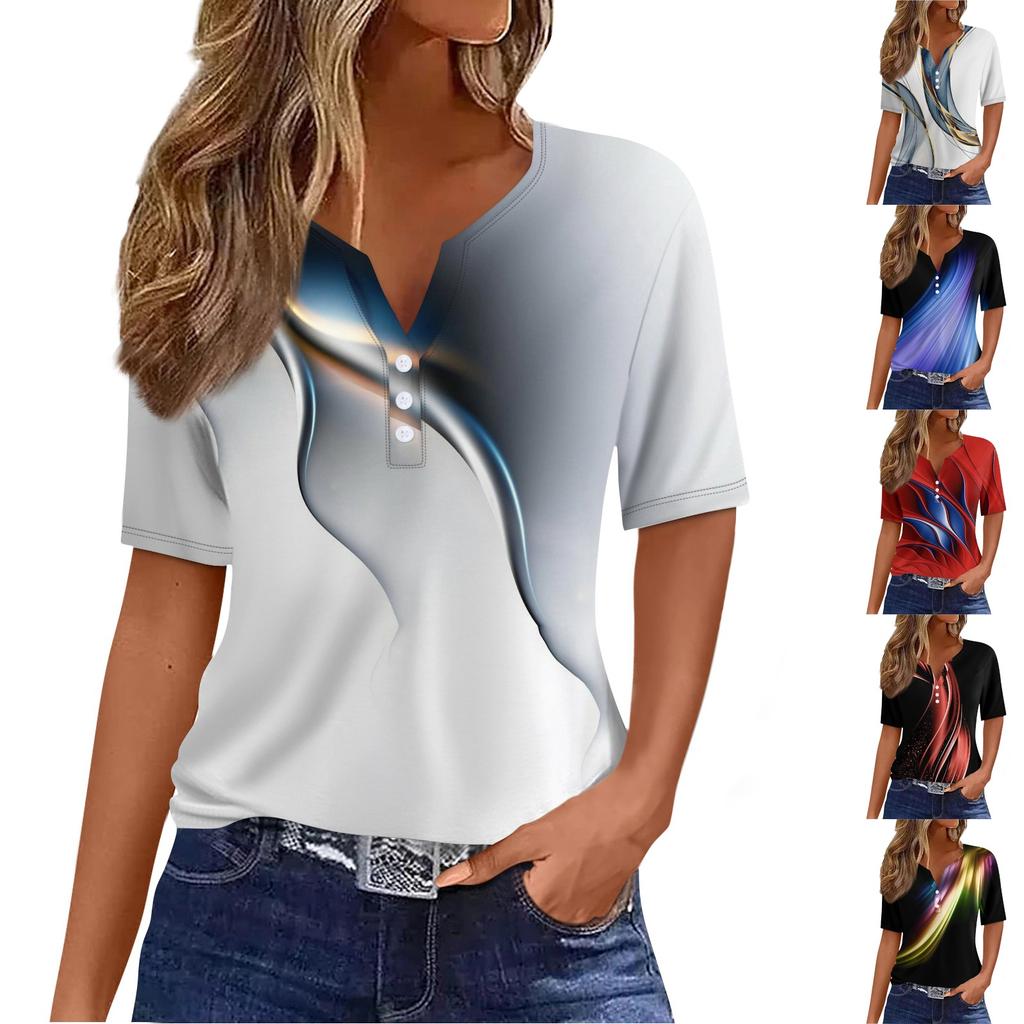 Women's T Shirt Tee Print Button Short Sleeve Daily Weekend Fashion Basic V- Neck Regular Top