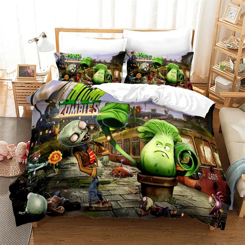 Popular Games Pattern Bedding Set 3d Plant Zombie Cartoon Duvet Cover Set with Pillowcase Single Double Queen King Bedclothes