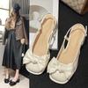 Fashion High Heel Sandal for Women Shoes Closed Toe Med Mary Jane 2024 Summer Suit Female Beige High-heeled Retro Square Medium New Comf