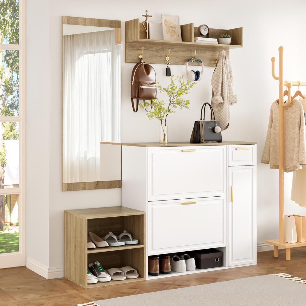 4-piece coat rack set – with shoe cabinet, bench, wall coat rack & mirror, complete hallway furniture set, dimensions: W139.5 x D35 x H166 cm