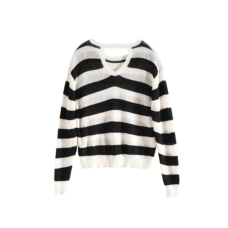 Maslan Spring Fashion Design Versatile Casual Age Reducing Black and White Striped Round Neck Long Sleeve Knitted Shirt