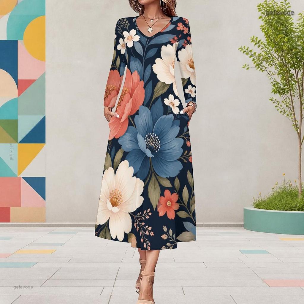 Plus Size Women V Neck Long Sleeve Black Purple Rose Printed A Line Midi Dress With Pockets