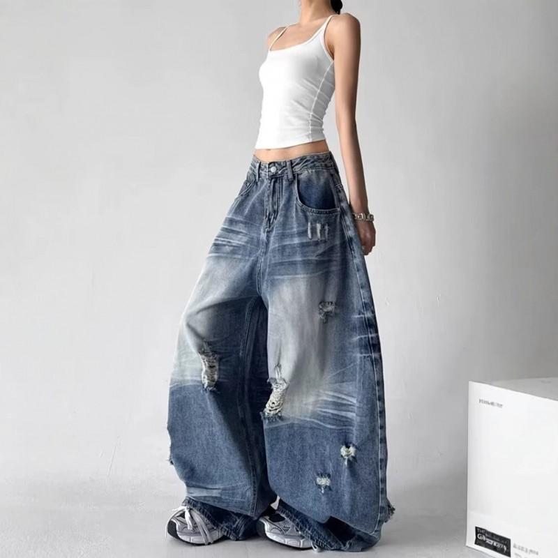 High-Waisted Wide Leg Distressed Denim Pants Women - Loose Fit Streetwear Jeans 2026