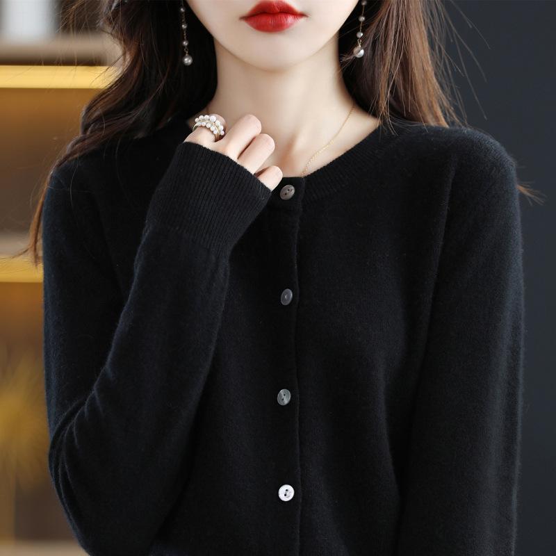 Knitted Cardigan Round Neck Sweater Women's Long Sleeved Solid Color Button Down Sweaters Jacket