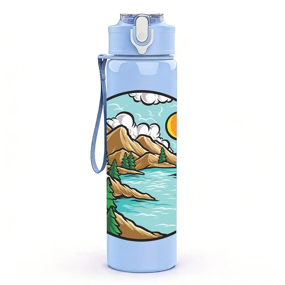 1PC Mountain Lake Nature Landscape Print 750ml Color Plastic Sports Water Bottle Leakproof Flip Straw Lid Suitable for Sports Office Home Use
