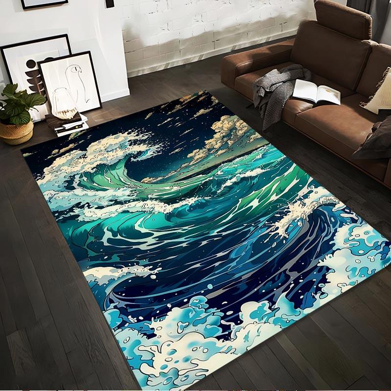 Ocean Waves Pattern Rug with Dynamic Blue and Green Design, Modern Style Suitable for use as an anti-slip for living room bedroom sofas