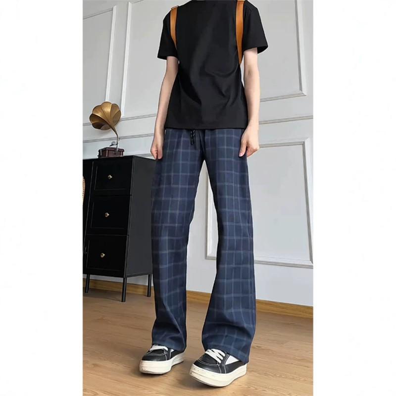 Mens Thin Grid Pants Straight Leg Slim Fit Quick Dry Gym Casual Trousers