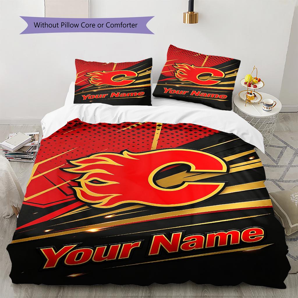 Name Custom Calgary Flames Pattern Bedding Set Quilt Cover Pillowcase Home Decor Gift (1 * duvet cover + 2 * pillowcase, without core)
