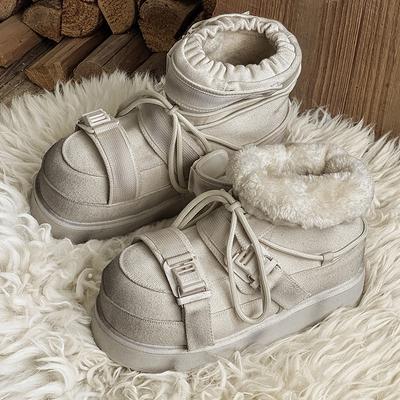 Зимние короткие сноубутсы женские на крестовой шнуровке с круглым носком, шерстяные, теплые, на плоской платформе, женские ботильоны из коровьей замши