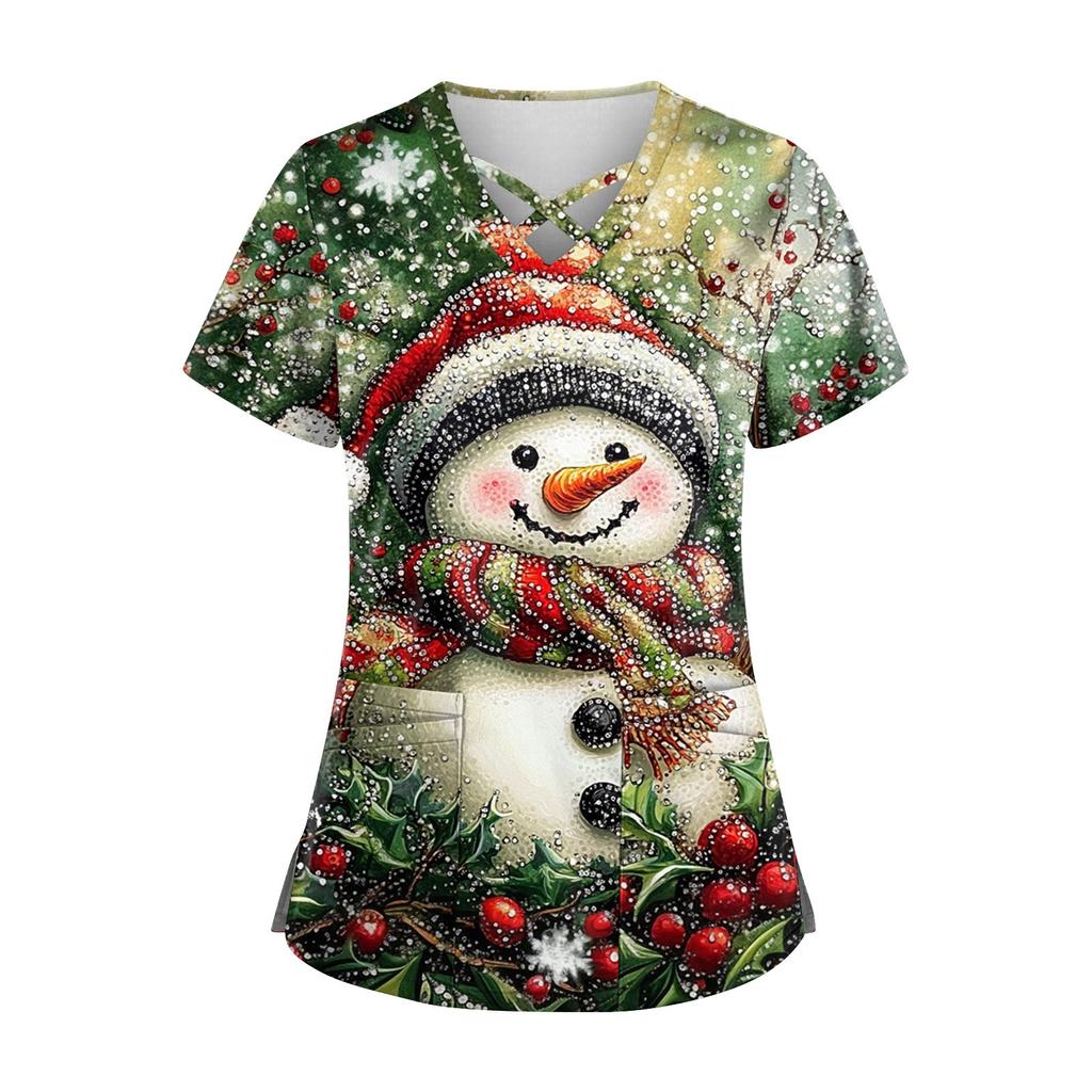 Women's Short Sleeve Stagger V Neck Christmas Print Pocket Dry-nurse Top