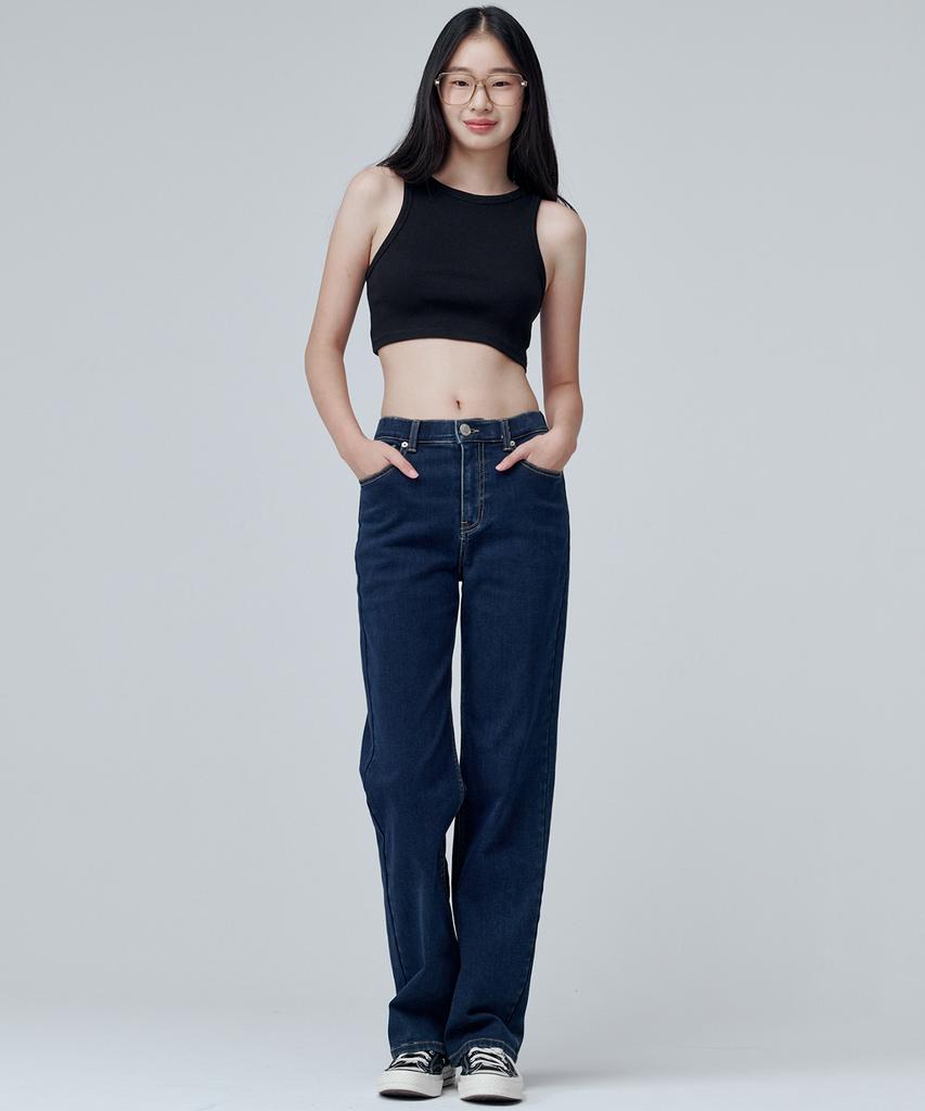 MALOUPE 9101 Brushed High-Rise Wide Denim Pants (Dark Indigo)
