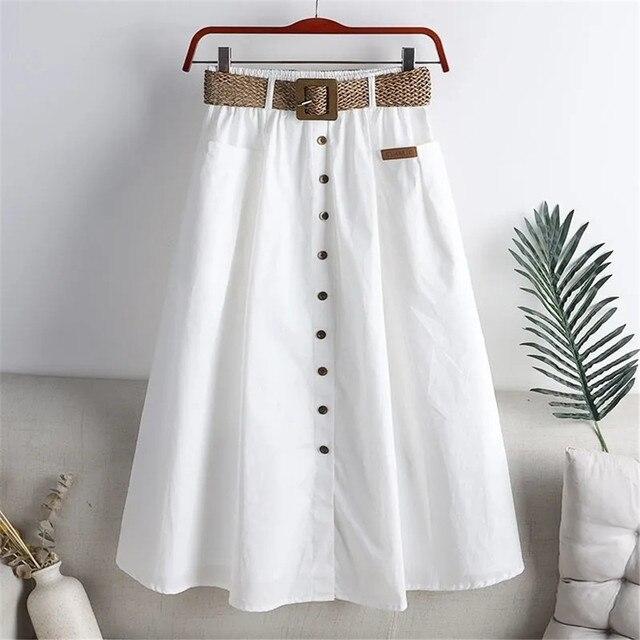 Cotton Midi Skirt With Belt Women Single -Breasted Large Pockets High Waist A -Line Skirt Autumn Summer Korean Fashion Long Skirt