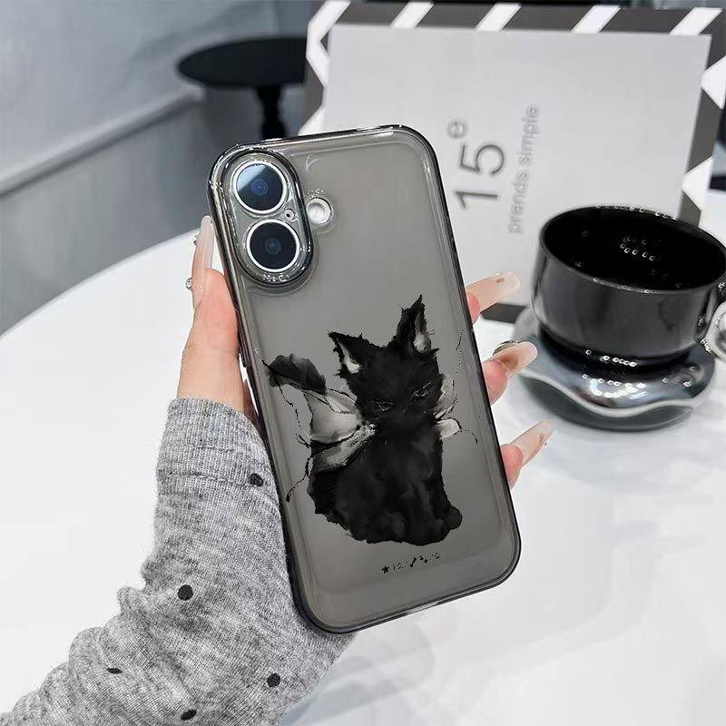 Чехол для iPhone с ангелом и черным котом для 13, 14, 15 Pro Max, 16, 17 Pro - Милый дизайн с полной оберткой