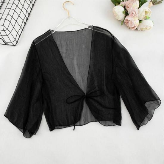 Women Sheer Chiffon Cardigan with Front-tie Transparent Loose Top Elegant Retro Style Shawl for Vacation Beach Daily Wear