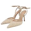 Fashion Designer Mesh Bling String Bead Decoration Mules Heeled Sandals Women Sexy Pointed Toe Ankle Strap High Heels Elegant Party Shoe