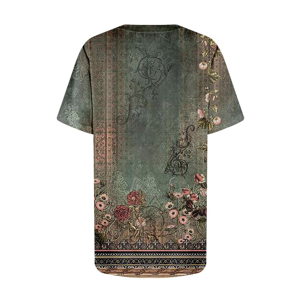 T Shirts For Women Pleated Round Neck Dressy Casual Blouses Printing Short Sleeve Summer Tops Loose Fit