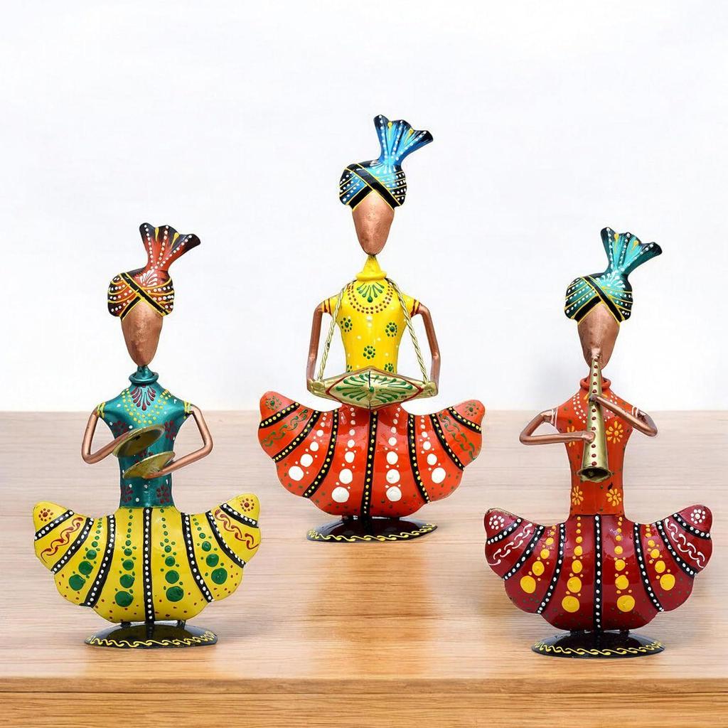 Яркий набор фигурок раджастханского музыканта | Изготовленный вручную образец индийского народного искусства | Традиционный домашний декор для гостиной, офиса, подарка (Набор1)